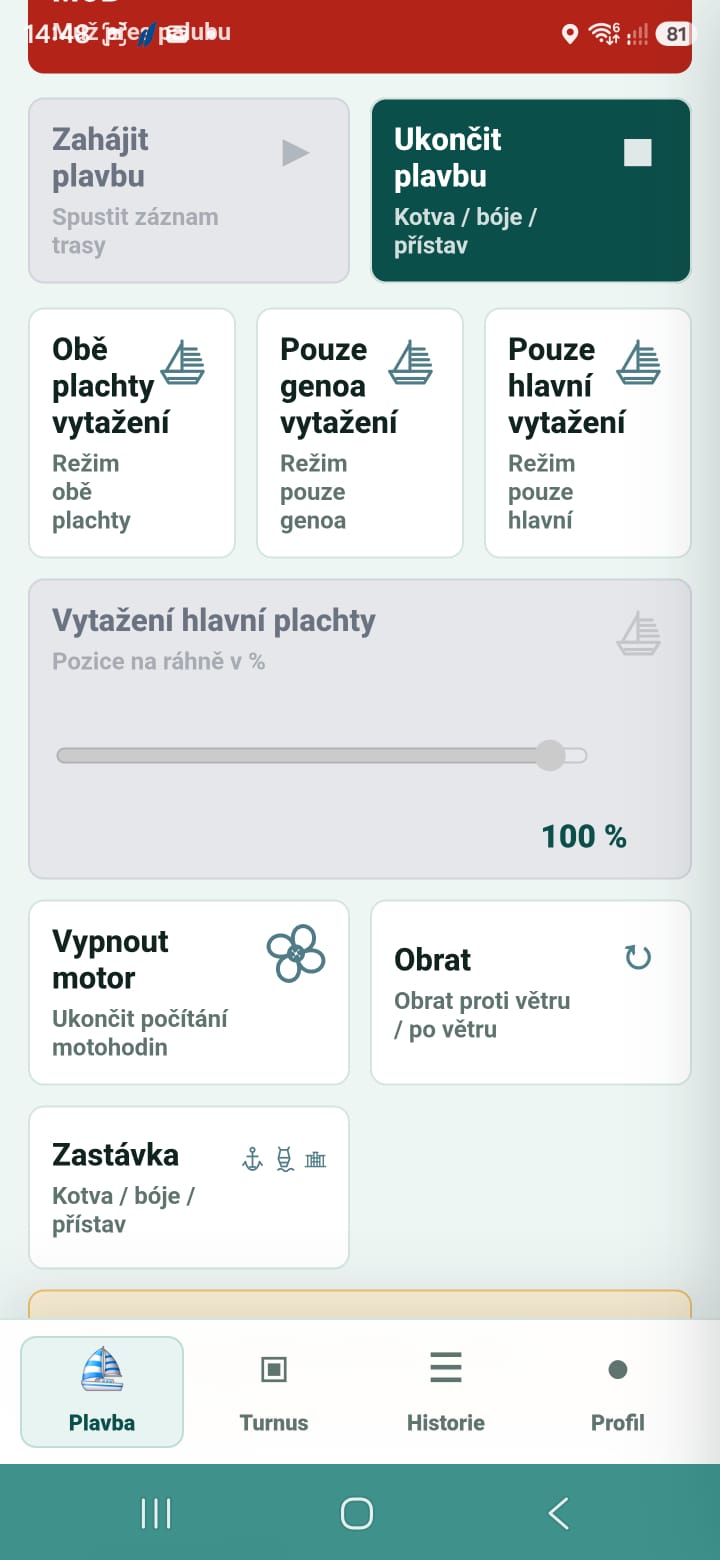 Ovládání plachet a motoru v Sail.sale App