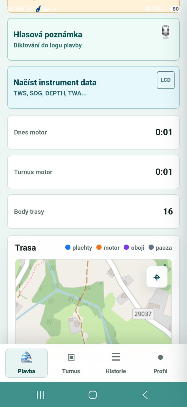 Hlasová poznámka, instrumenty a mapa v Sail.sale App