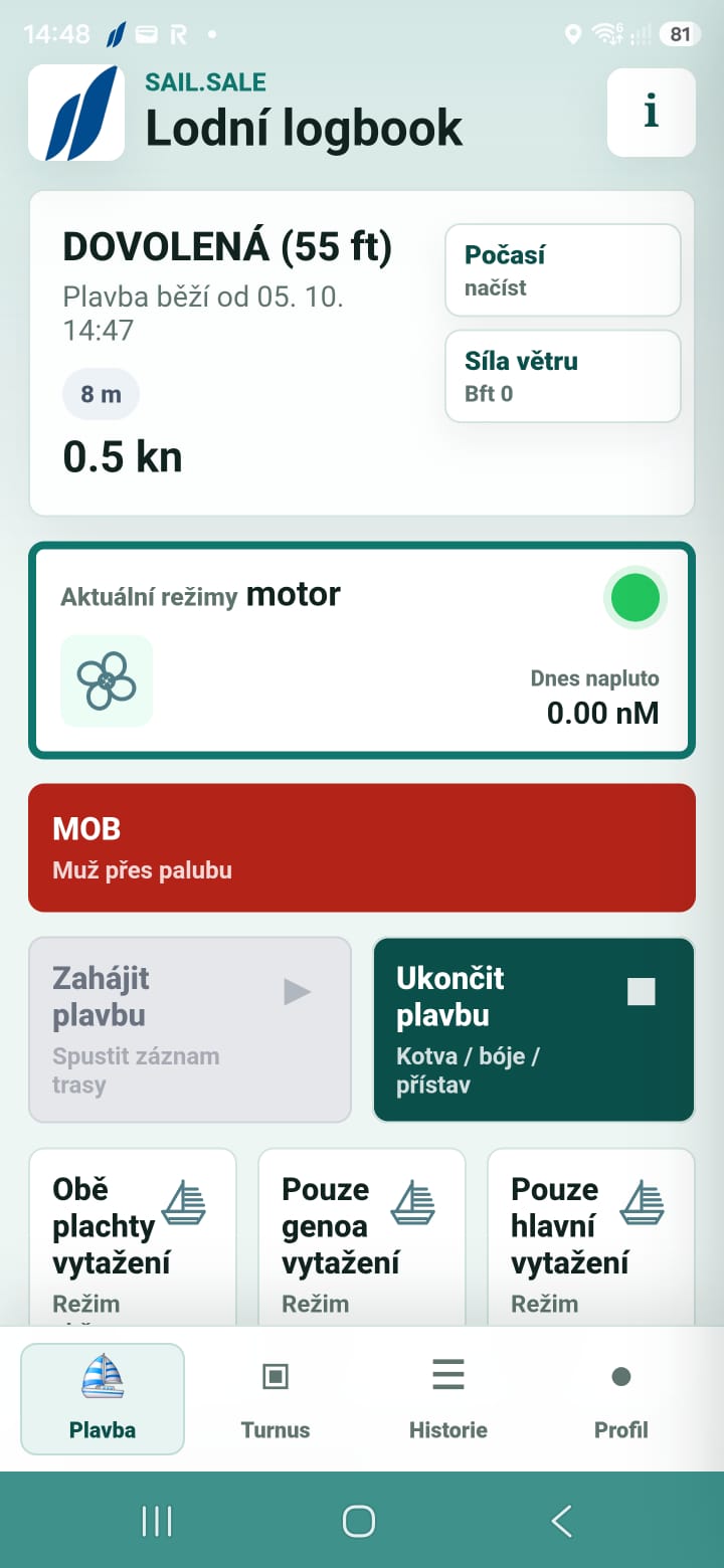 Hlavní obrazovka Sail.sale Lodní logbook