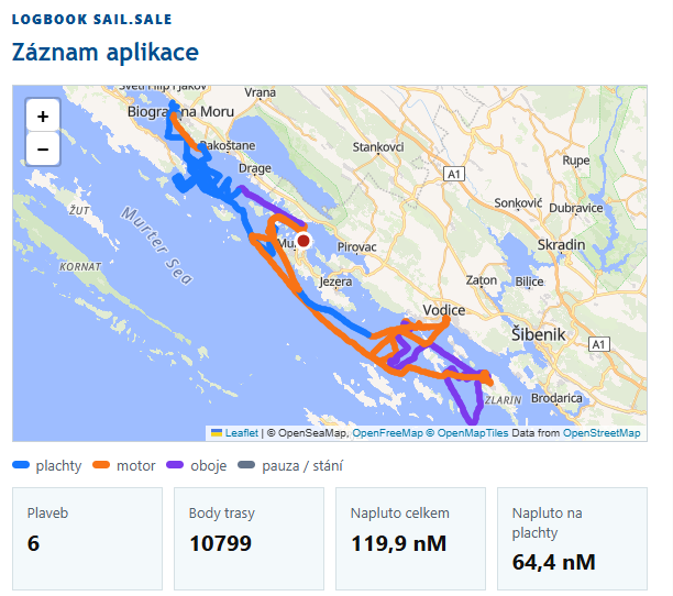 Reálný záznam dokončené plavby v Sail.sale